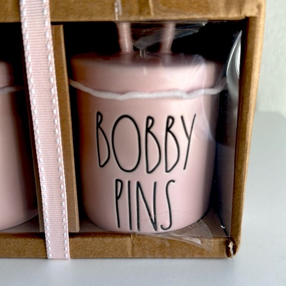 ❗️RAE DUNN PINK HAIR TIES & BOBBY PINS MINI CANISTER MODERN FARMHOUSE ORGANIZER - Picture 3 of 7